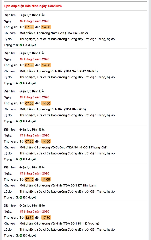 Tra cứu lịch cắt điện Bắc Ninh hôm nay Thứ 2 ngày 15/6/2026- Ảnh 1. Tra cứu lịch cắt điện Bắc Ninh hôm nay Thứ 2 ngày 15/6/2026- Ảnh 1.