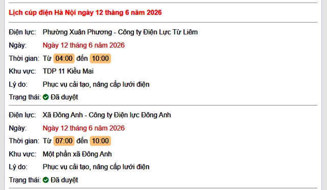 Chi tiết lịch cắt điện Hà Nội hôm nay Thứ 6 ngày 12/6/2026- Ảnh 1. Chi tiết lịch cắt điện Hà Nội hôm nay Thứ 6 ngày 12/6/2026- Ảnh 1.