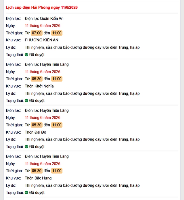 Tra cứu lịch cắt điện Hải Phòng hôm nay Thứ 5 ngày 11/6/2026- Ảnh 1. Tra cứu lịch cắt điện Hải Phòng hôm nay Thứ 5 ngày 11/6/2026- Ảnh 1.