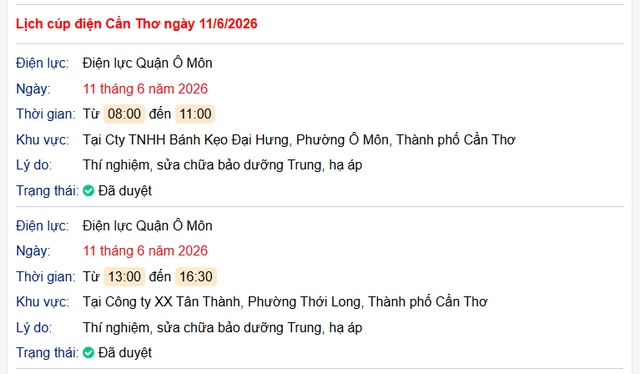 Tra cứu lịch cúp điện Cần Thơ hôm nay Thứ 5 ngày 11/6/2026- Ảnh 1. Tra cứu lịch cúp điện Cần Thơ hôm nay Thứ 5 ngày 11/6/2026- Ảnh 1.