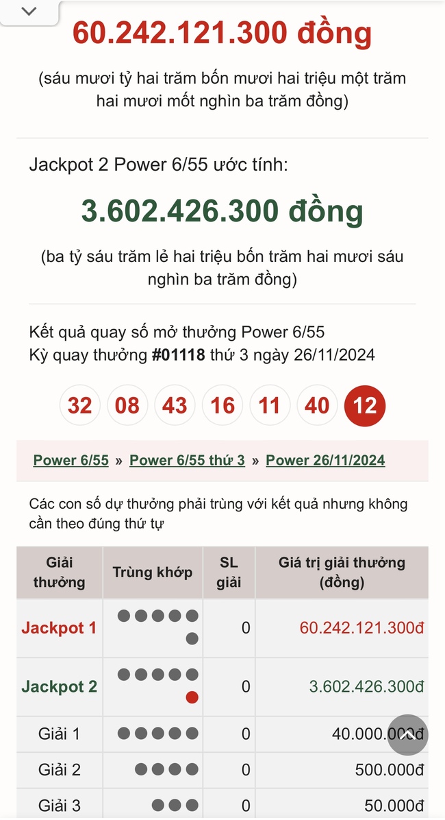 Vietlott 26/11 - Kết quả xổ số Vietlott hôm nay 26/11/2024 - Xổ số Power 6/55 ngày 26/11- Ảnh 1.