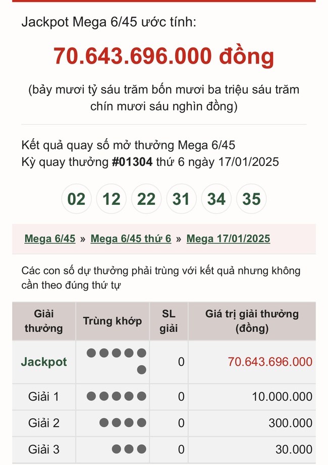 Vietlott 19/1 - Kết quả xổ số Vietlott hôm nay 19/1/2025 - Xổ số Mega 6/45 ngày 19/1- Ảnh 2.