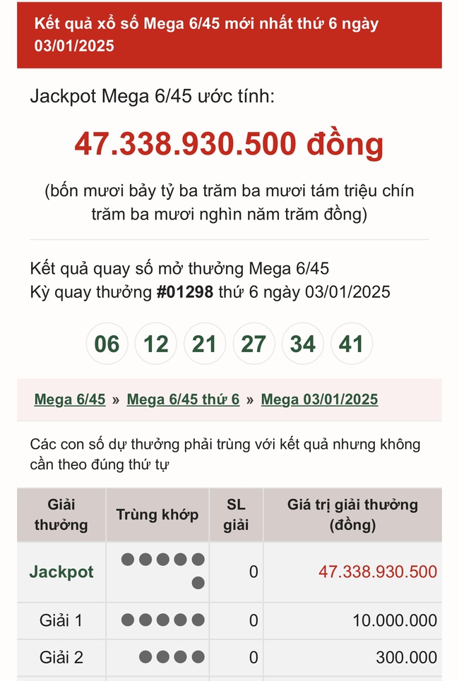 Vietlott 3/1 - Kết quả xổ số Vietlott hôm nay 3/1/2025 - Xổ số Mega 6/45 ngày 3/1- Ảnh 1.