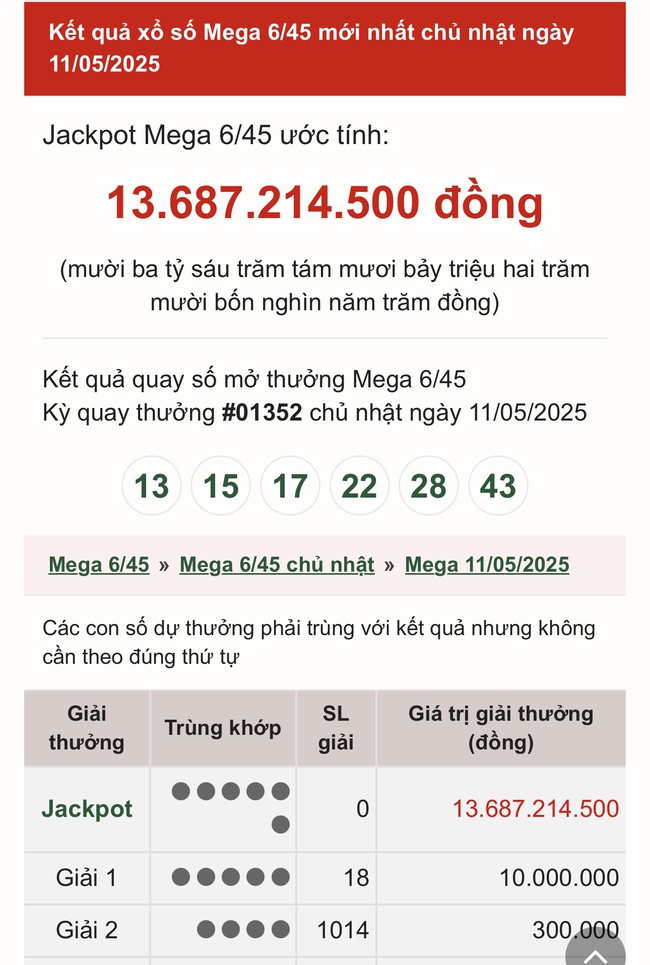 Kết quả xổ số Vietlott hôm nay 11/5/2025 - Vietlott 11/5 - Xổ số Mega 6/45 ngày 11/5- Ảnh 1. Kết quả xổ số Vietlott hôm nay 11/5/2025 - Vietlott 11/5 - Xổ số Mega 6/45 ngày 11/5- Ảnh 1.