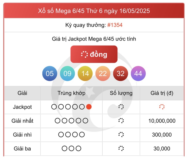 Kết quả xổ số Vietlott hôm nay 16/5/2025 - Vietlott 16/5 - Xổ số Mega 6/45 ngày 16/5- Ảnh 1. Kết quả xổ số Vietlott hôm nay 16/5/2025 - Vietlott 16/5 - Xổ số Mega 6/45 ngày 16/5- Ảnh 1.