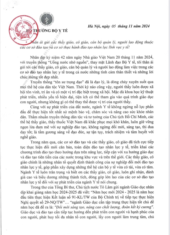 Bộ trưởng Đào Hồng Lan gửi thư chúc mừng thầy, cô giáo, người lao động trong cơ sở đào tạo nhân lực ngành y- Ảnh 2.