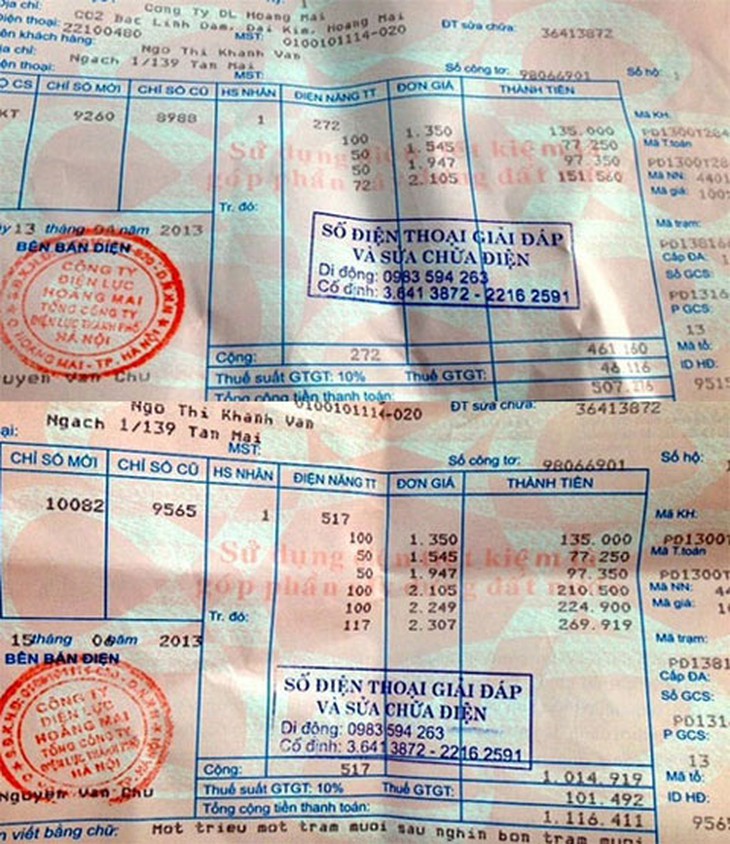 hóa đơn, tiền điện, công tơ, EVN, khách hàng