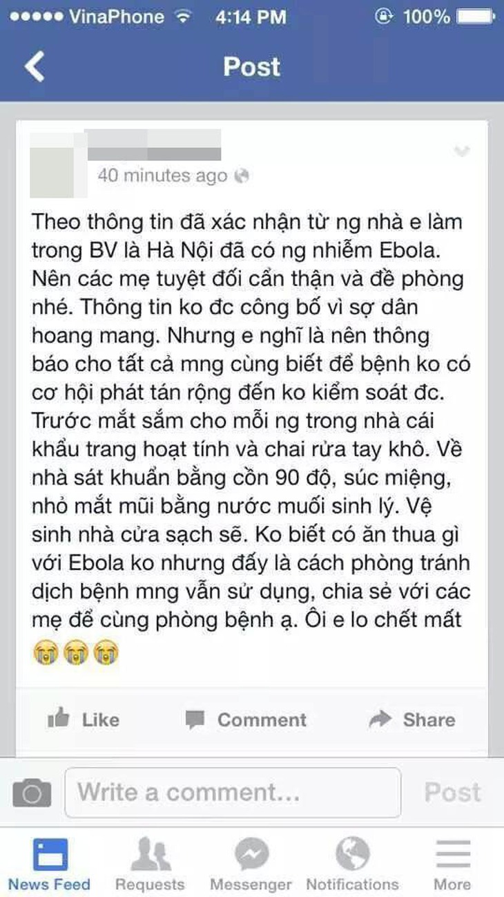 Nội dung tung tin trên FB của một cá nhân