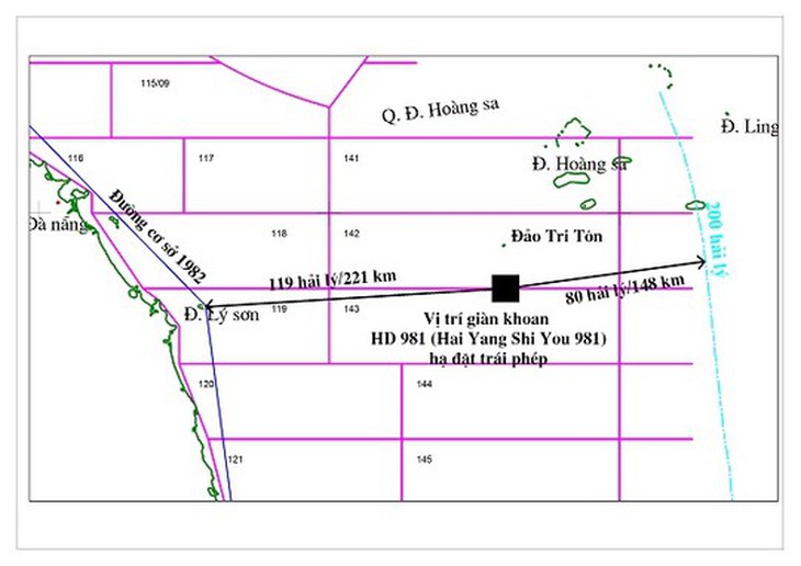 Dàn khoan HD 981 định vị khoan tại vị trí có tọa độ 15029’ vĩ độ bắc, 111012’ độ kinh đông, cách bờ biển Việt Nam khoảng 120 hải lý, nằm trong vùng đặc quyền kinh tế, thềm lục địa của Việt Nam - Ảnh: Tập đoàn dầu khí quốc gia Việt Nam