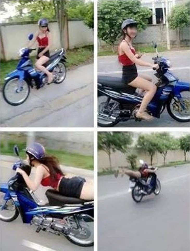 Diễm Anh cưỡi xe máy như diễn xiếc khiến người xem hốt hoảng.