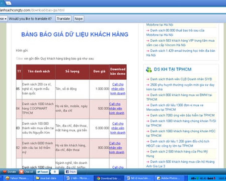 Bảng báo giá dữ liệu khách hàng vi phạm pháp luật rao bán trên mạng.