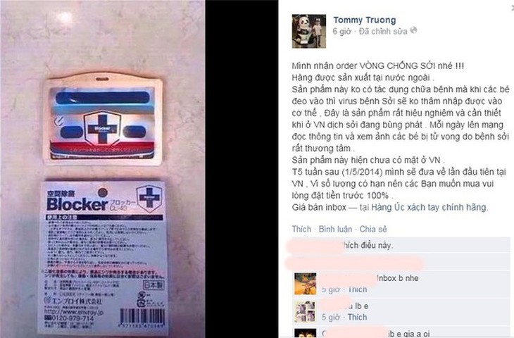 Sản phẩm vòng đeo tay phòng, chống sởi được bán trên thị trường hiện nay
