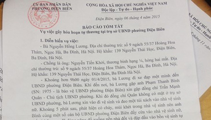 Báo cáo tóm tắt vụ việc của UBND phường Điện Biên