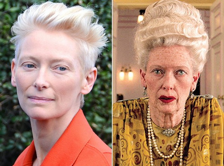 Phần hóa trang của minh tinh Tilda Swinton trong bộ phim The Grand Budapest Hotel (ảnh phải).