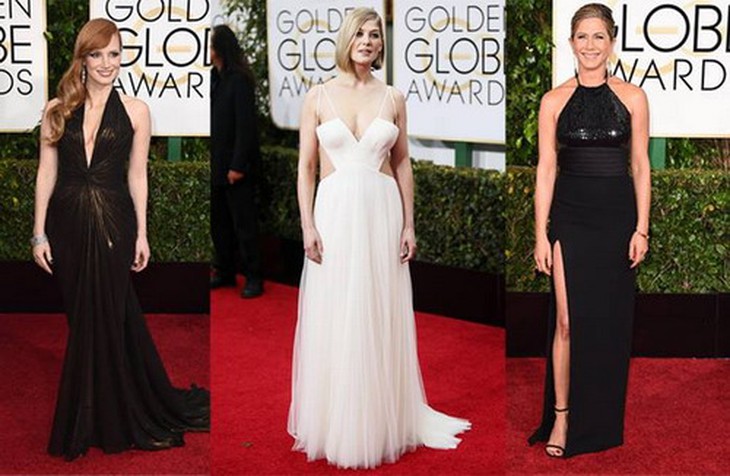 Jessica Chastain (phim A Most Violent Year), Rosamund Pike (phim Gone Girl) và Jennifer Anistion (phim Cake) - ba trong số những minh tinh được đề cử Quả Cầu Vàng về diễn xuất năm nay.