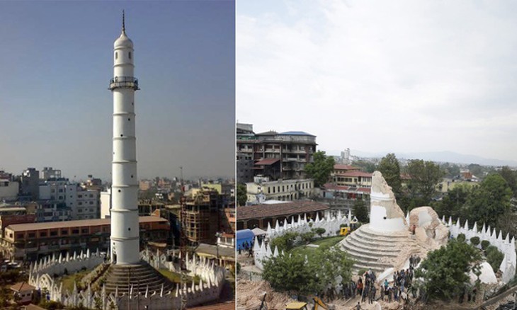 Một tòa tháp nổi tiếng tại Kathmandu bị phá hủy (Ảnh: Guardian)