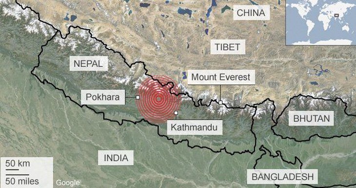 Bản đồ động đất tại Nepal (Đồ họa: BBC)
