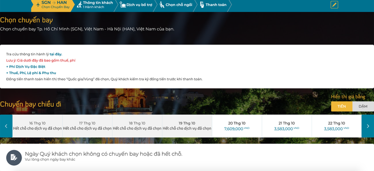 Cháy vé chuyến bay TP. HCM - Hà Nội đến 19/10, giá tăng tới 7,6 triệu đồng - Ảnh 1. Cháy vé chuyến bay TP. HCM - Hà Nội đến 19/10, giá tăng tới 7,6 triệu đồng - Ảnh 1.