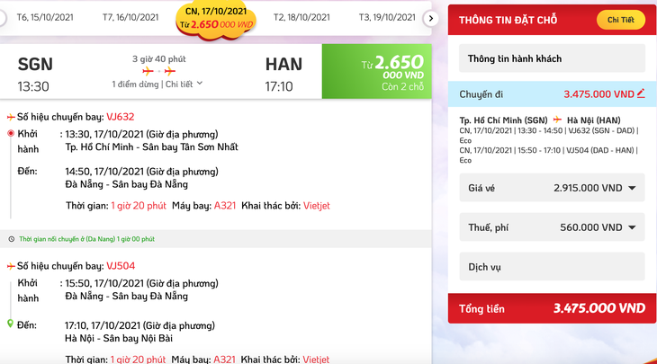 Cháy vé chuyến bay TP. HCM - Hà Nội đến 19/10, giá tăng tới 7,6 triệu đồng - Ảnh 2. Cháy vé chuyến bay TP. HCM - Hà Nội đến 19/10, giá tăng tới 7,6 triệu đồng - Ảnh 2.