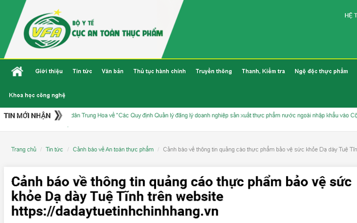 Cảnh báo thông tin quảng cáo thực phẩm bảo vệ sức khỏe Dạ dày Tuệ Tĩnh 