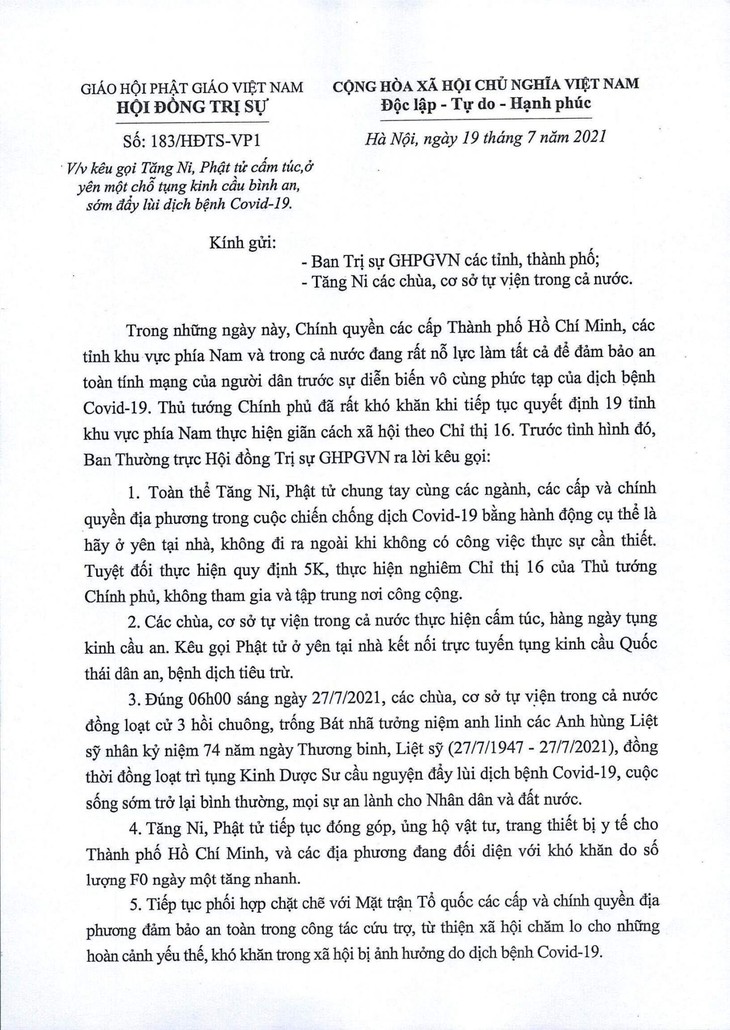 Giáo hội Phật giáo Việt Nam: Phật tử ở yên tại nhà, tuyệt đối thực hiện 5K - Ảnh 1. Giáo hội Phật giáo Việt Nam: Phật tử ở yên tại nhà, tuyệt đối thực hiện 5K - Ảnh 1.