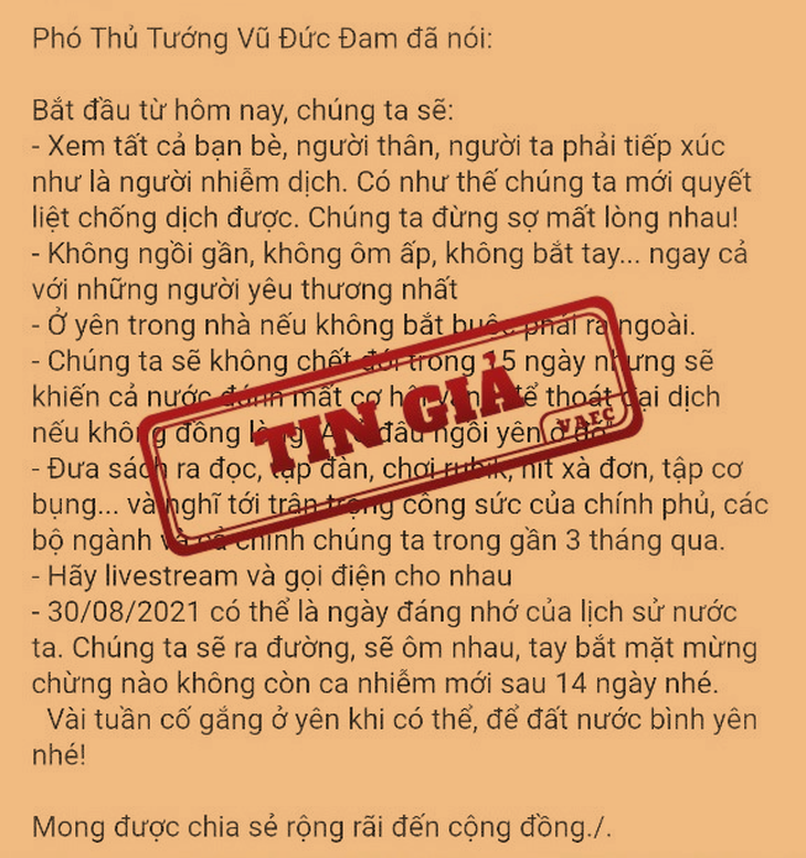 Giả mạo phát ngôn chỉ đạo chống dịch COVID-19 của Phó Thủ tướng Vũ Đức Đam - Ảnh 1. Giả mạo phát ngôn chỉ đạo chống dịch COVID-19 của Phó Thủ tướng Vũ Đức Đam - Ảnh 1.