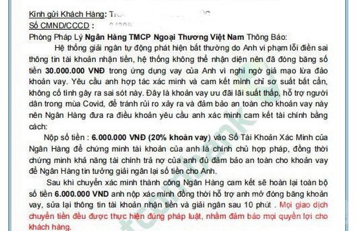 Các đối tượng làm giả một văn bản đóng băng tài khoản để lừa người vay tiền.