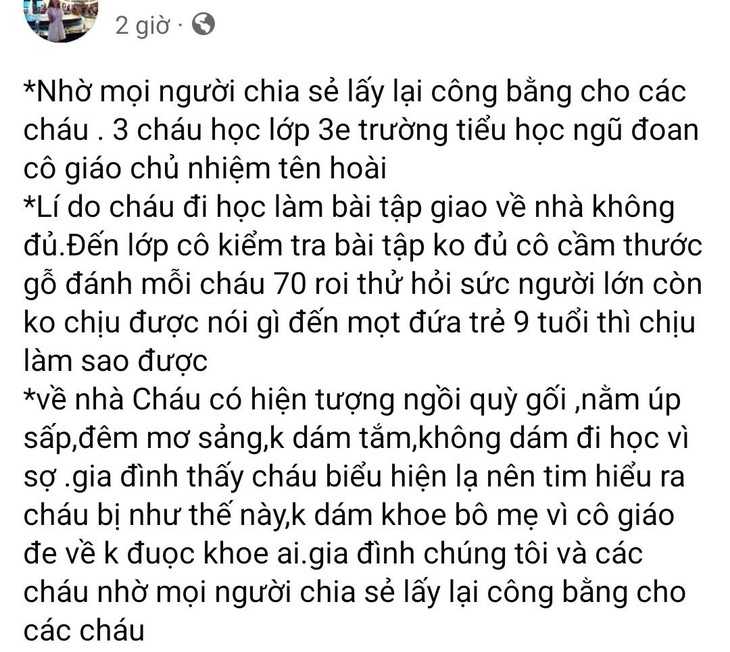 Nghi vấn 3 học sinh tiểu học ở Hải Phòng bị giáo chủ nhiệm dùng thước kẻ đánh tím mông - Ảnh 1. Nghi vấn 3 học sinh tiểu học ở Hải Phòng bị giáo chủ nhiệm dùng thước kẻ đánh tím mông - Ảnh 1.