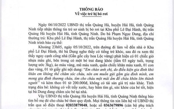 Xót xa bé trai sơ sinh bị bỏ rơi trong đêm và lá thư nhờ người nuôi giúp