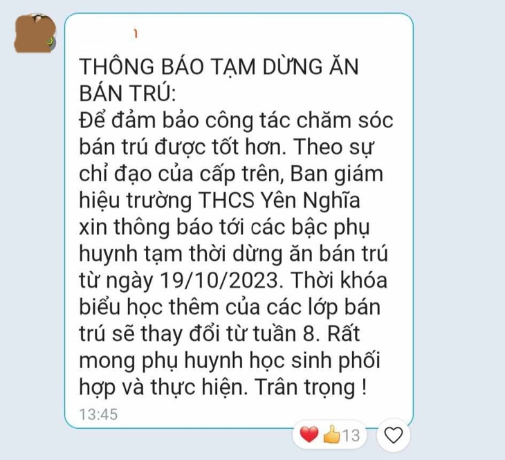 Vụ suất ăn bán trú vài món "lèo tèo": Nhà trường thông báo tạm dừng ăn bán trú - Ảnh 1. Vụ suất ăn bán trú vài món "lèo tèo": Nhà trường thông báo tạm dừng ăn bán trú - Ảnh 1.