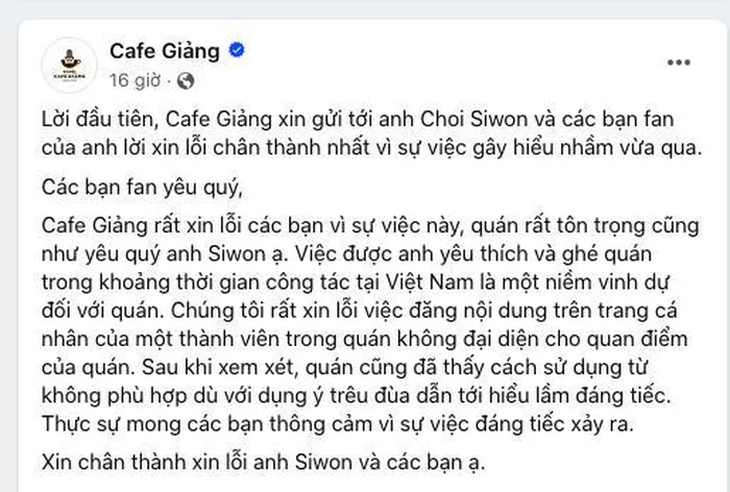 Cafe Giảng lên tiếng sau khi được cho thiếu tôn trọng thành viên nhóm Super Junior - Ảnh 3. Cafe Giảng lên tiếng sau khi được cho thiếu tôn trọng thành viên nhóm Super Junior - Ảnh 3.
