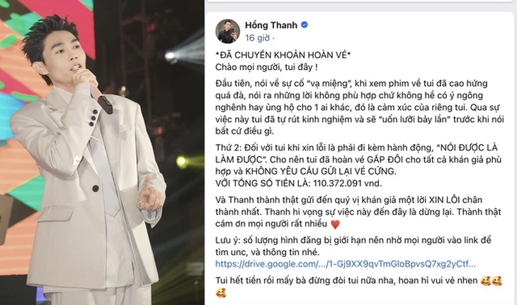 Hồng Thanh xin lỗi, thanh toán hơn 100 triệu đồng đền bù tiền vé sau ồn ào 'vạ miệng' khen phim 'Đất rừng phương Nam' - Ảnh 1. Hồng Thanh xin lỗi, thanh toán hơn 100 triệu đồng đền bù tiền vé sau ồn ào 'vạ miệng' khen phim 'Đất rừng phương Nam' - Ảnh 1.