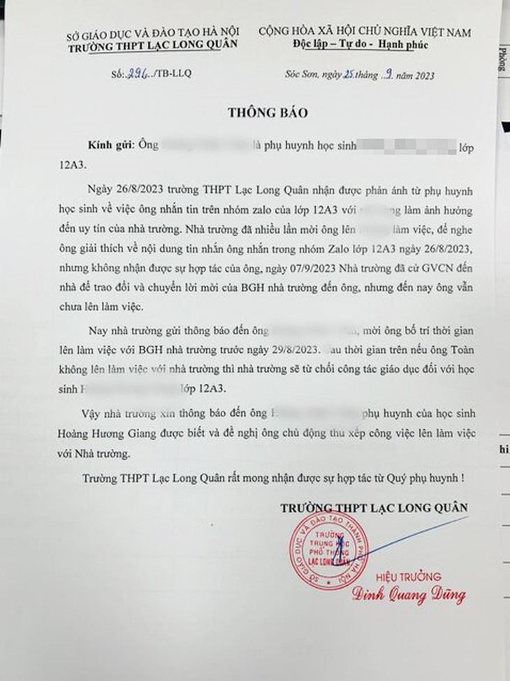 'Học sinh bị dọa đuổi học vì phụ huynh nhắn tin xúc phạm nhà trường', Sở GD&ĐT Hà Nội xác minh - Ảnh 1. 'Học sinh bị dọa đuổi học vì phụ huynh nhắn tin xúc phạm nhà trường', Sở GD&ĐT Hà Nội xác minh - Ảnh 1.