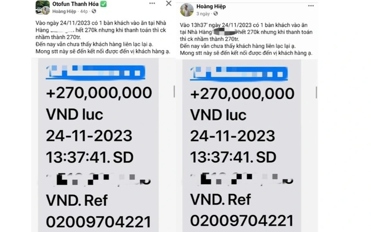 Tìm vị khách chuyển nhầm 270 triệu đồng bữa ăn trưa