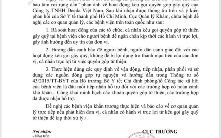Bộ Y tế: Các bệnh viện rà soát hoạt động kêu gọi quyên góp từ thiện để ngăn chặn hành vi trục lợi