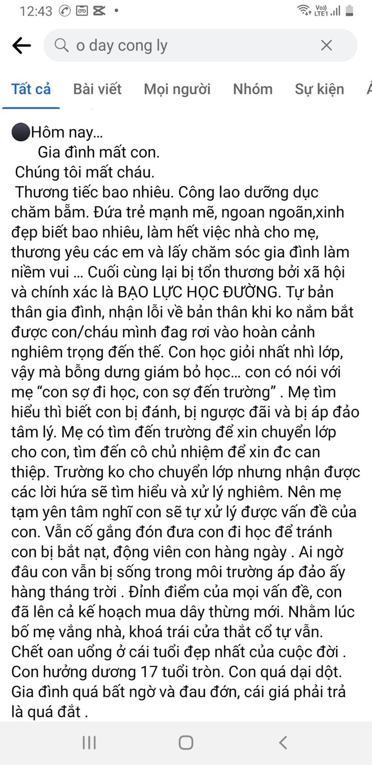 Nữ sinh lớp 10 trường chuyên nghi tự tử do bạo lực học đường - Ảnh 1. Nữ sinh lớp 10 trường chuyên nghi tự tử do bạo lực học đường - Ảnh 1.