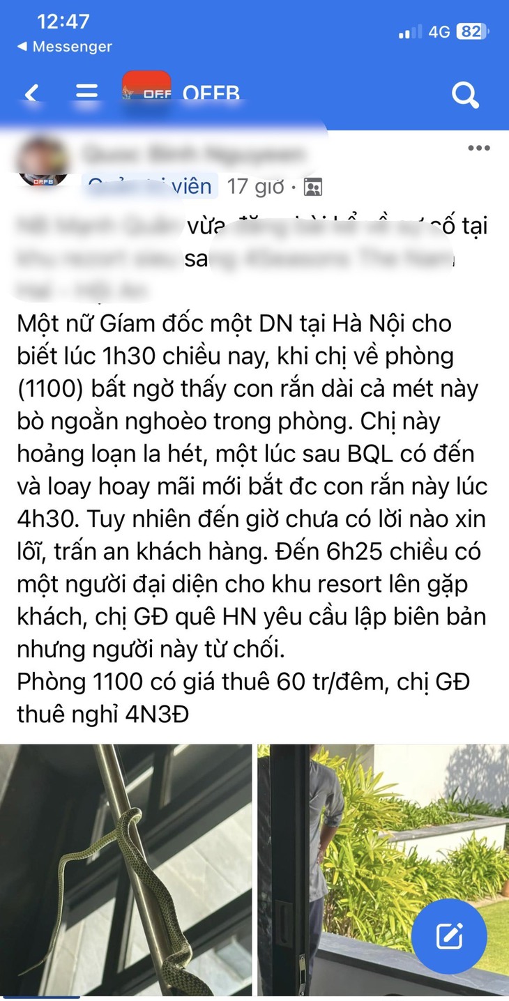 Resort 5 sao ở Quảng Nam lên tiếng vụ rắn bò vào phòng thuê 60 triệu đồng/đêm - Ảnh 2.