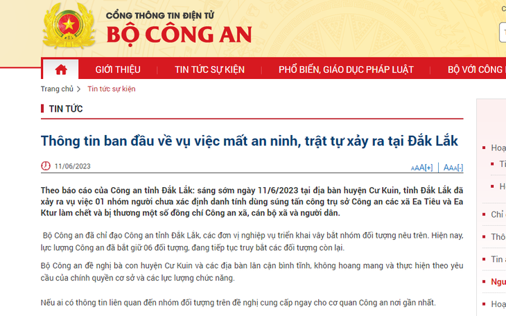 Thông tin ban đầu về vụ việc mất an ninh, trật tự xảy ra tại Đắk Lắk