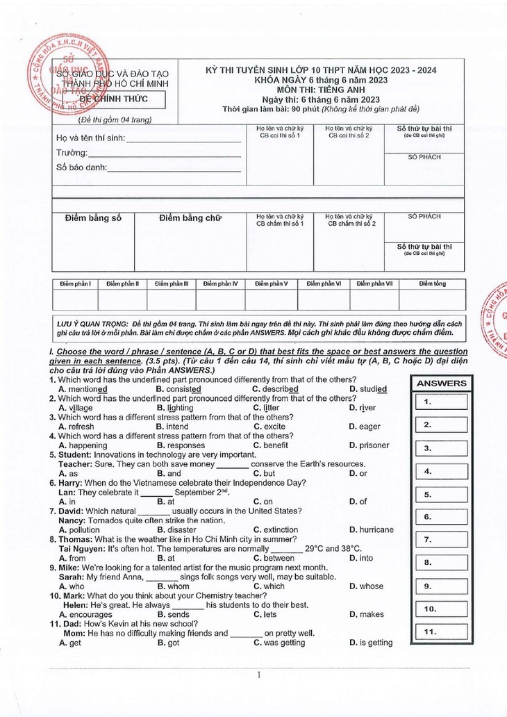 Toàn bộ đáp án chính thức 3 môn thi vào lớp 10 ở TP.HCM - Ảnh 6.