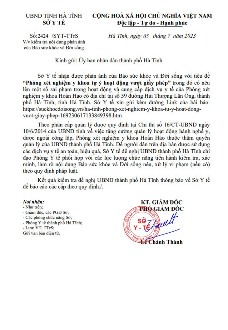 Phòng xét nghiệm y khoa tự ý hoạt động vượt giấy phép: Sở Y tế chỉ đạo vào cuộc - Ảnh 1. Phòng xét nghiệm y khoa tự ý hoạt động vượt giấy phép: Sở Y tế chỉ đạo vào cuộc - Ảnh 1.