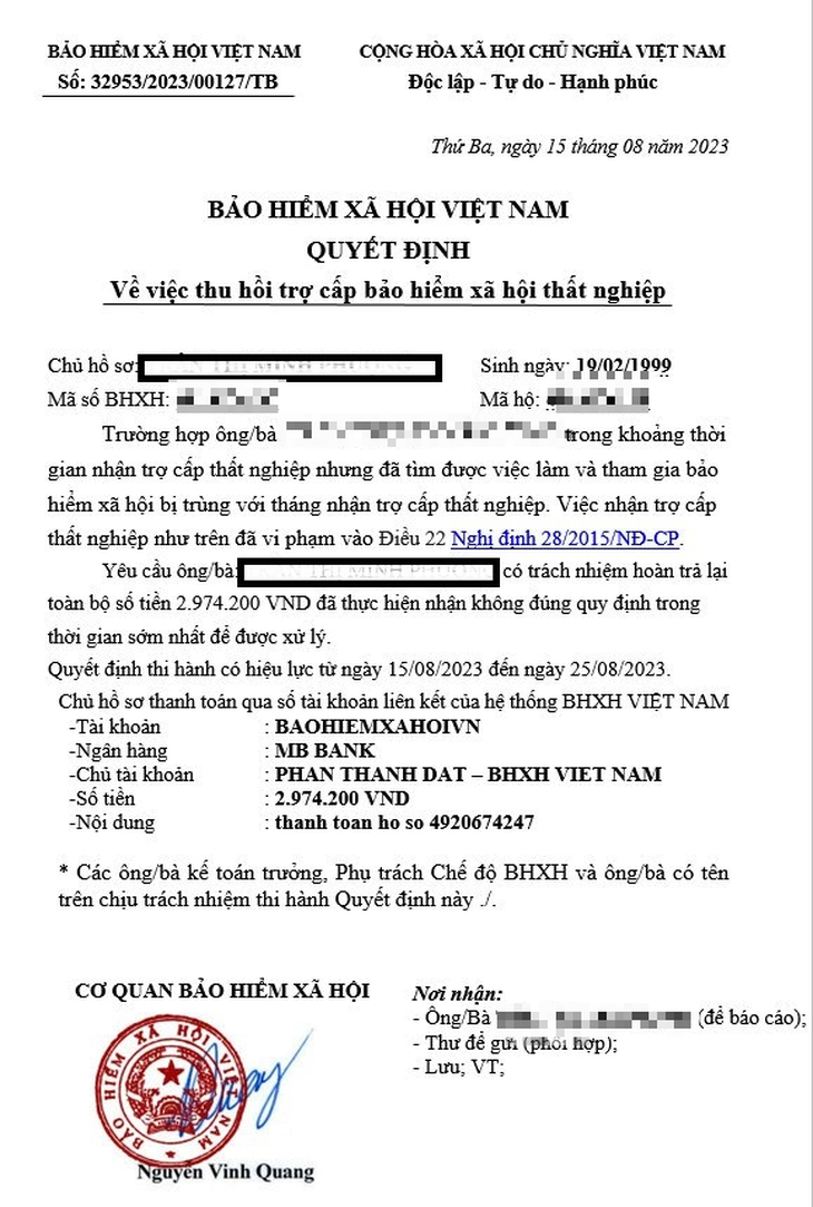 Mạo danh cơ quan BHXH lừa người lao động thu hồi tiền trợ cấp thất nghiệp - Ảnh 1. Mạo danh cơ quan BHXH lừa người lao động thu hồi tiền trợ cấp thất nghiệp - Ảnh 1.