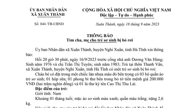 Phát hiện bé sơ sinh bị bỏ rơi trước cổng nhà dân