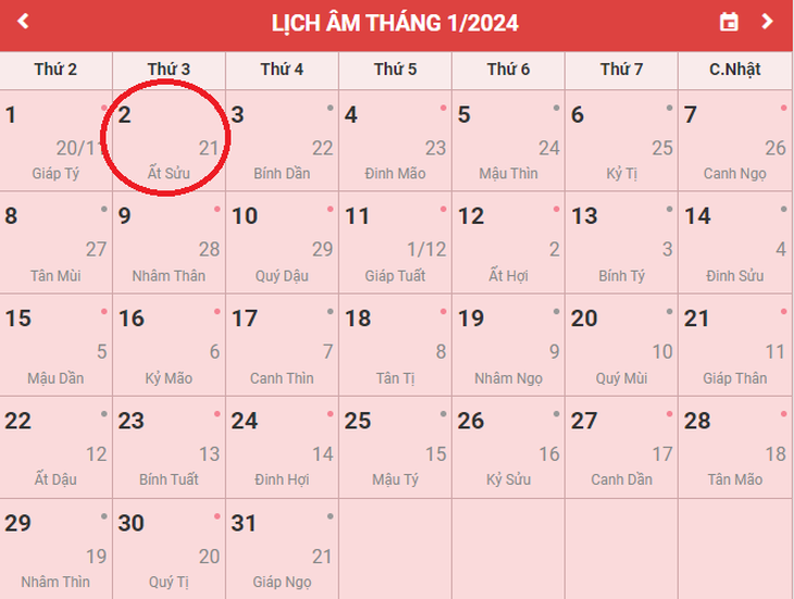 Lịch âm 2/1 - Âm lịch hôm nay 2/1 - Lịch vạn niên ngày 2/1/2024- Ảnh 1.