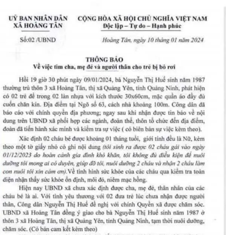 Đau lòng lá thư nhờ nuôi giúp hai bé gái 1 tháng tuổi - Ảnh 1.