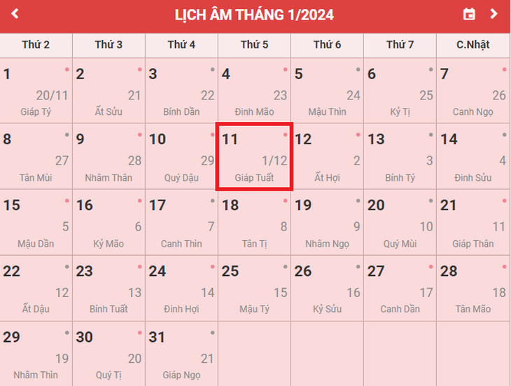 Lịch âm 11/1 - Âm lịch hôm nay 11/1 - Lịch vạn niên ngày 11/1/2024- Ảnh 1.