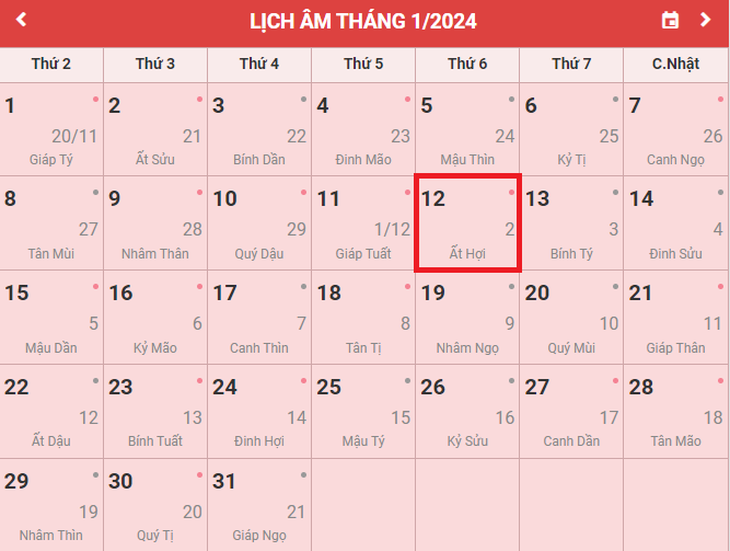 Lịch âm 12/1 - Âm lịch hôm nay 12/1 - Lịch vạn niên ngày 12/1/2024- Ảnh 1.