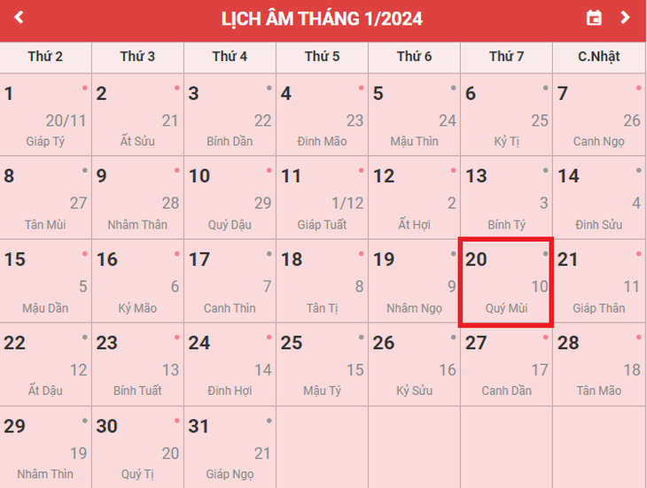 Lịch âm 20/1 - Âm lịch hôm nay 20/1 - Lịch vạn niên ngày 20/1/2024- Ảnh 1.