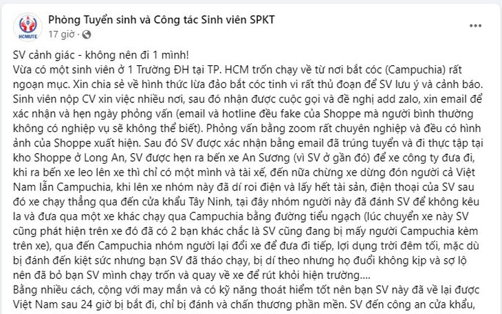 Trường đại học cảnh báo sinh viên tránh bị bắt cóc khi xin việc