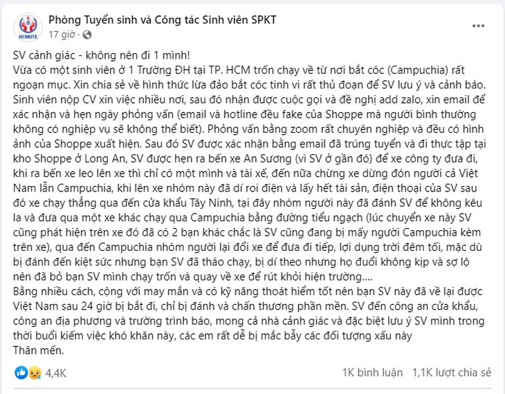 Trường đại học cảnh báo sinh viên tránh bị bắt cóc khi xin việc- Ảnh 1. Trường đại học cảnh báo sinh viên tránh bị bắt cóc khi xin việc- Ảnh 1.