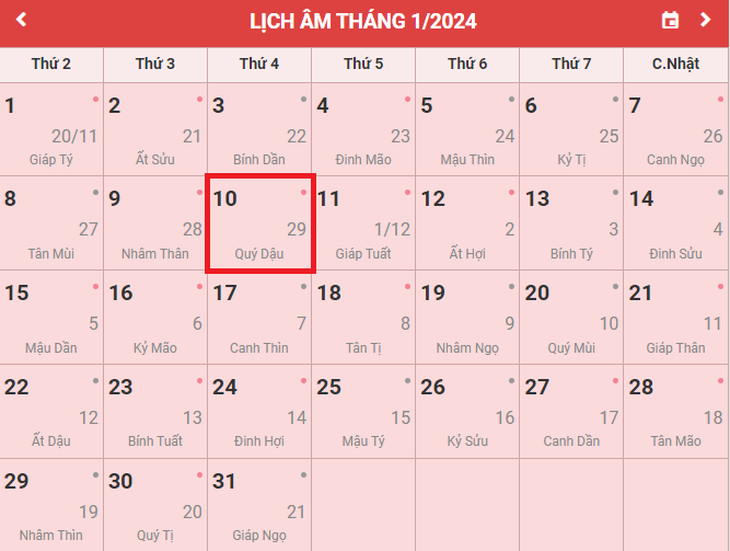 Lịch âm 10/1 - Âm lịch hôm nay 10/1 - Lịch vạn niên ngày 10/1/2024- Ảnh 1.